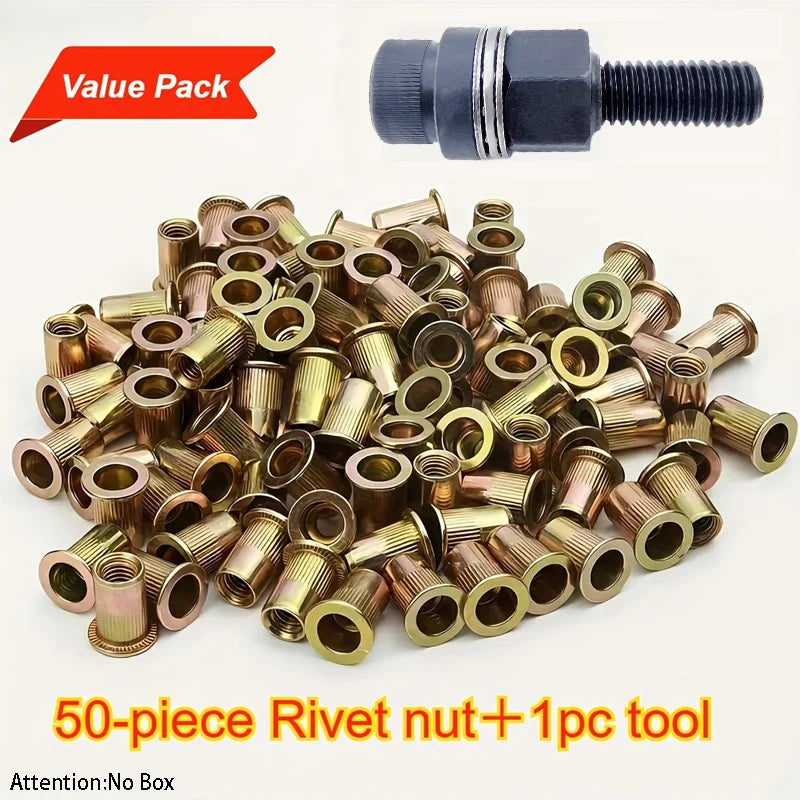 51pcs Heavy-Duty Rivet Nut Kit W/Tools (M3-M12) Zinc-Coated RH Threaded for Car Repair/Furniture/License Plate/Renovation