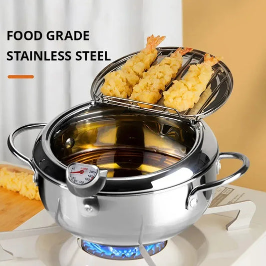 304 Stainless Steel Oil Pan with Thermometer and Lid Household Small Oil Saving Tempura French Fries Frying Pan for Home