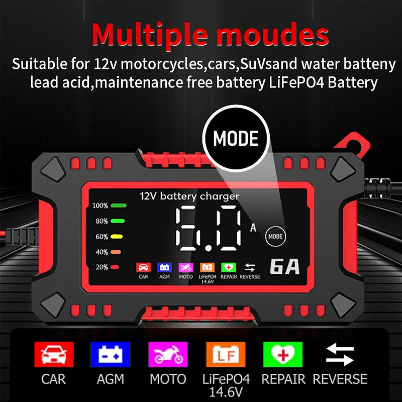 New 6A 12V Car Battery Charger Car and Motorcycle 14.6V LiFePO4 Lead Acid Battery Charger and Smart Pulse Repair Maintainer