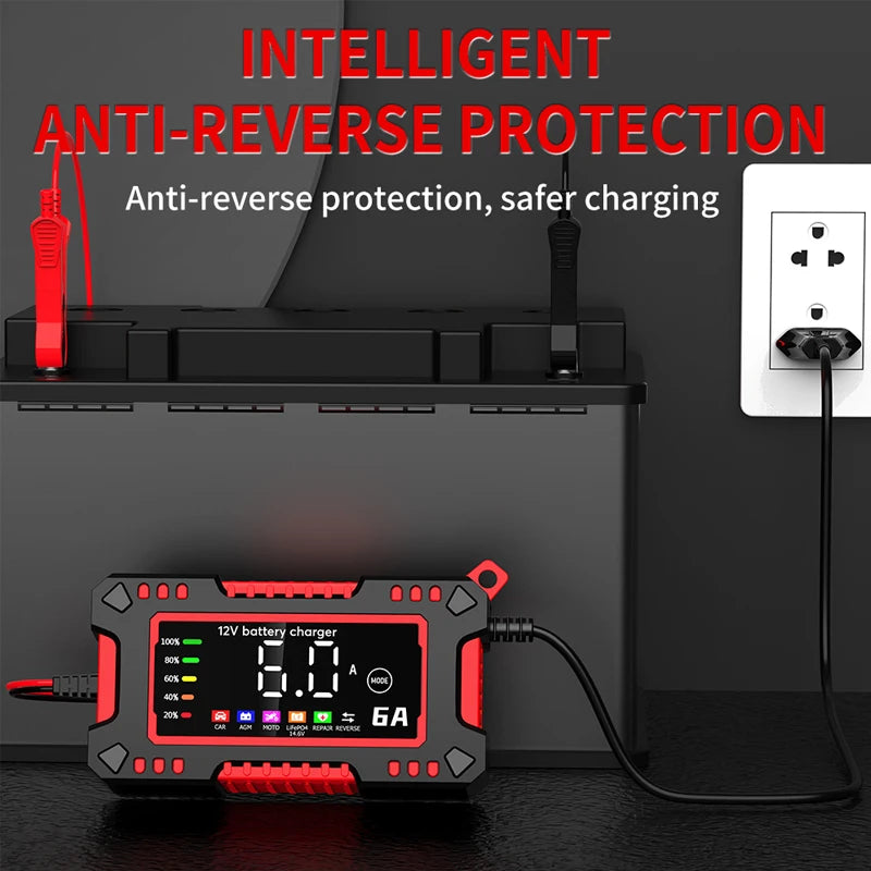 New 6A 12V Car Battery Charger Car and Motorcycle 14.6V LiFePO4 Lead Acid Battery Charger and Smart Pulse Repair Maintainer